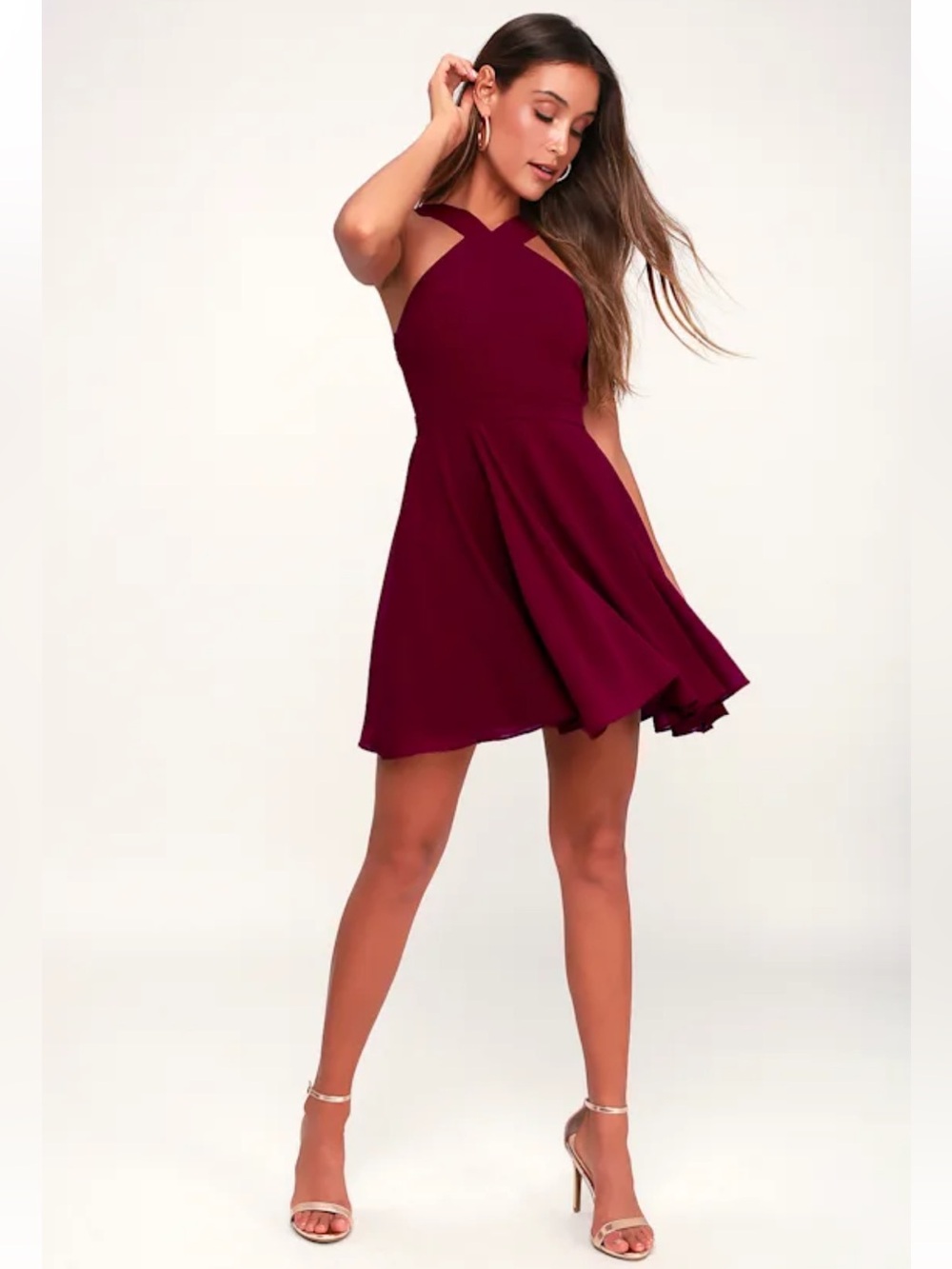 Lulu’s Forevermore Burgundy Skater Cross-Neck A-Line Dress in Burgundy size XS